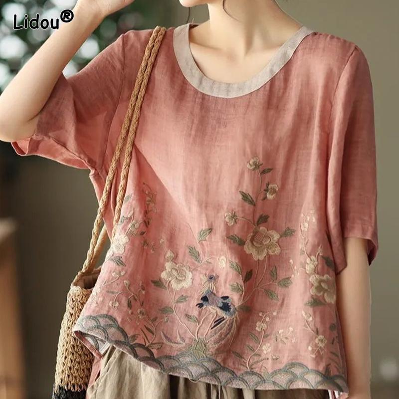 

Футболки с круглым вырезом в китайском стиле, свободные, новые, с коротким рукавом, с принтом, удобные, с круглым вырезом, с коротким рукавом, летняя женская одежда M розовый