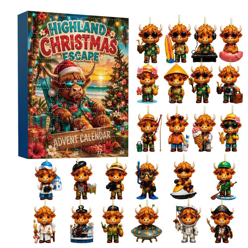 Highland Cow Advent Calendar 2026 With 24 Mini Cattle Figurines, 2D Acrylic Christmas Tree Decoration Pendant, Christmas Gift