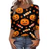 Women's Casual Halloween Print 3/4 Sleeve Round Neck Top Lightweight Soft Fabric Pullover Shirt for Everyday Wear