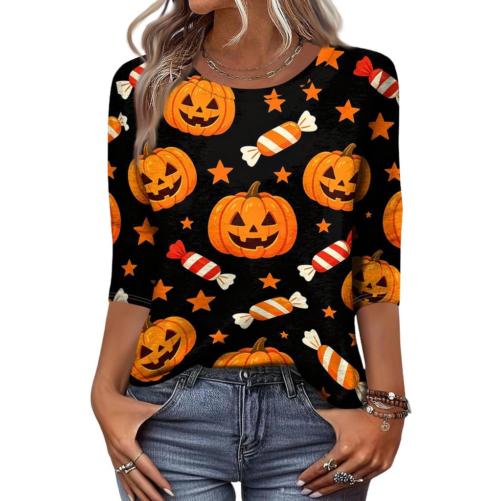 Women's Casual Halloween Print 3/4 Sleeve Round Neck Top Lightweight Soft Fabric Pullover Shirt for Everyday Wear