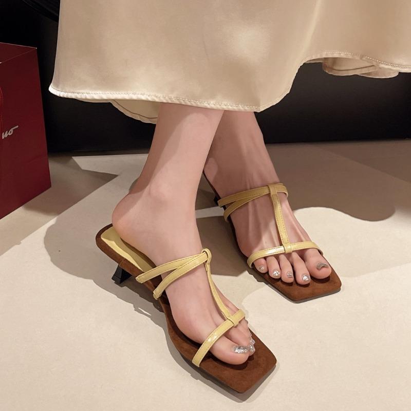 New Elegant Fashion High Heels Sandals Women Square Toe Design Thin Heels Slippers Woman Fashion Slip on Party Shoes Female