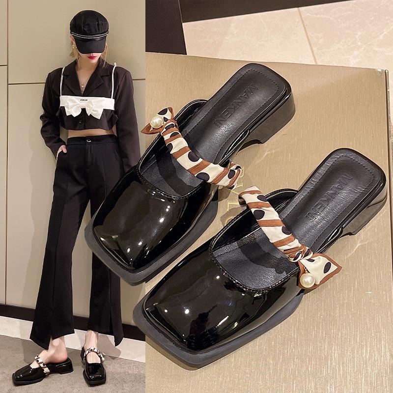 Skor med tjock klack Flip-flops Nya Mellanhöga Fyrkantig tå Halvtofflor för Lata Människor