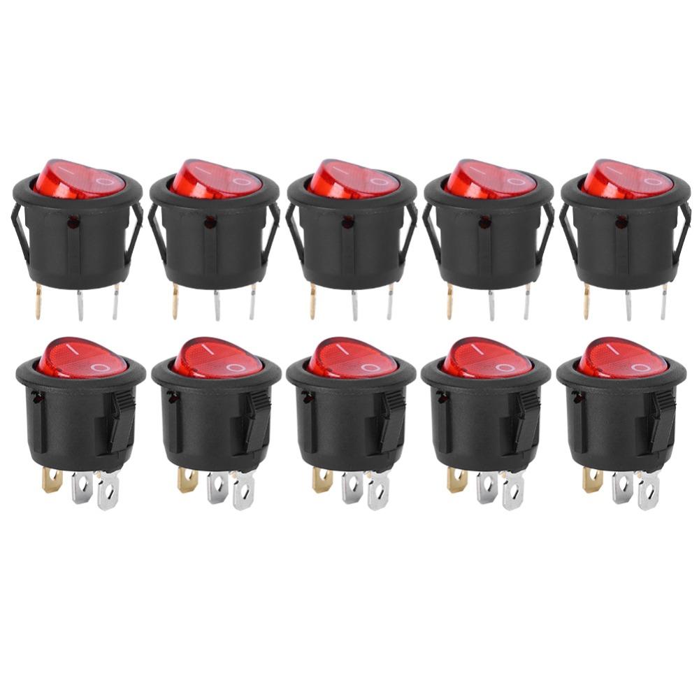 10 PCS KCD1 Round Rocker Switch Red Light Mini Circle Toggle Switches  Popcorn Maker
