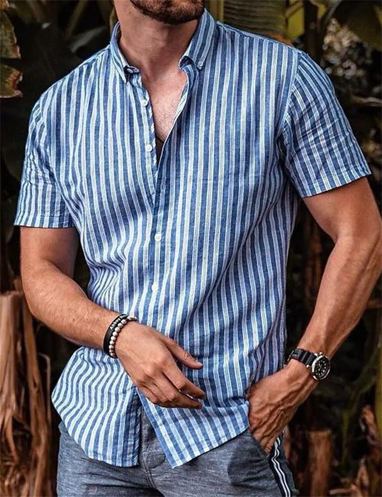 Fashion Men's Striped Print Shirts Button Short Sleeve Lapel Streetwear Summer Basic Blouse Classic Shirts for Men