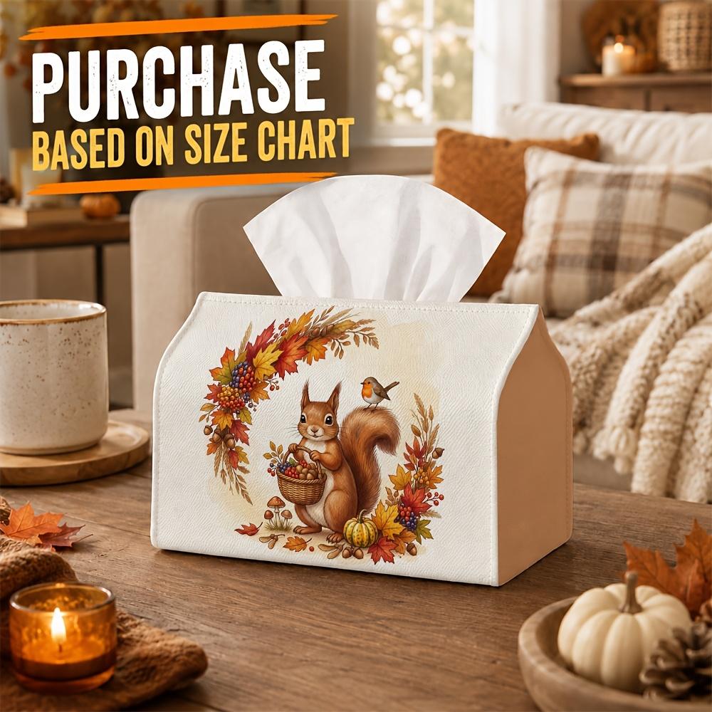 1pc Natural Woodland Autumn Tissue Box with Squirrel & Bird Wreath - Rustic Napkin Holder Organizer Suitable for Kitchen, Car, Living Room, Bedroom -