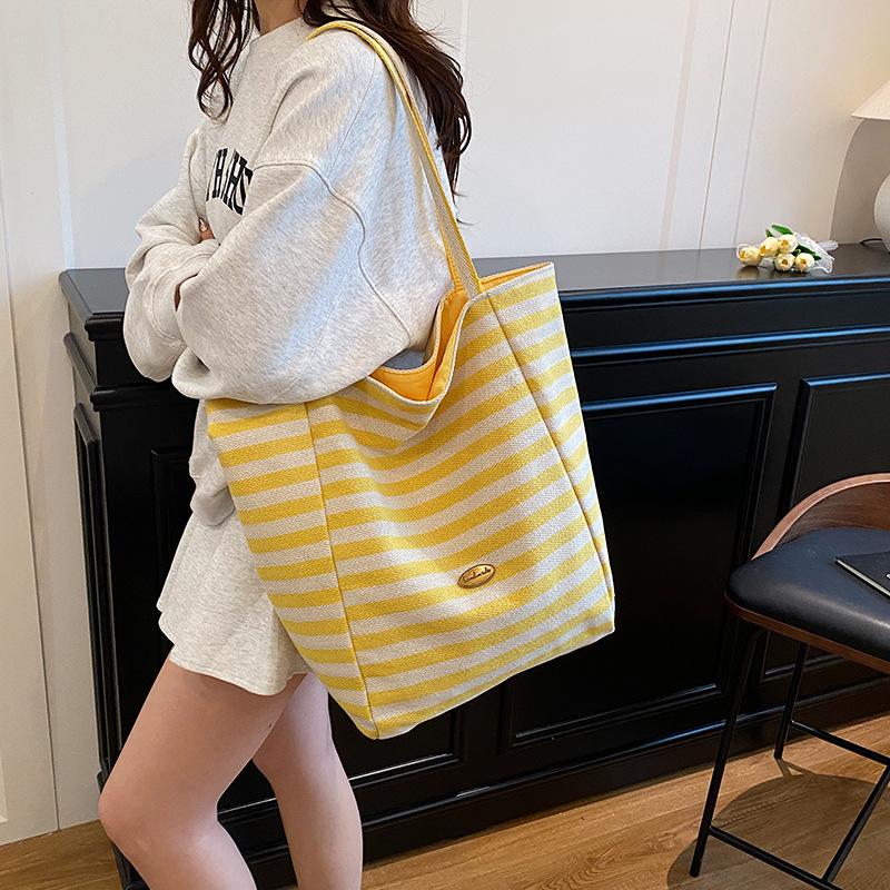 Striped canvas bag bag 2025 new Korean style ins tote leisure bag single shoulder large capacity tote bag shopping bag