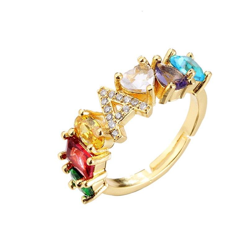 Copper Adjustable A-Z 26 Initial Letter Ring For Women Crystal Gold Color Cubic Zirconia Bohemian Wedding Jewelry Gift VRI303