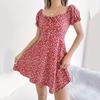 Women Summer Casual Lantern Sleeve Floral Printed Slim Fit Above Knee Length One Piece Dress