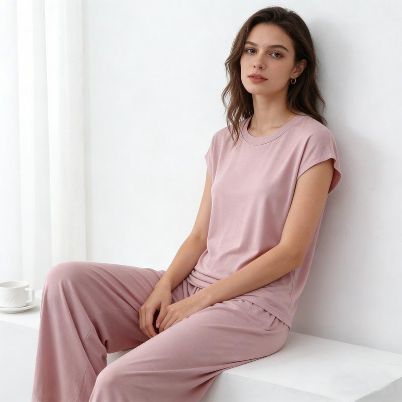 Modal Loose Homewear Set O-neck Tshirts Short Sleeves and Wide Leg Pants Casual Streetwear Suit All Match