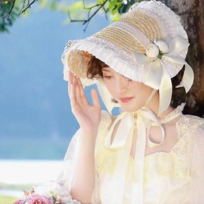Cappello di Paglia Lolita Stile Rurale Francese per Elegante Festa del Tè Principessa Spiaggia Viaggio all'Aperto