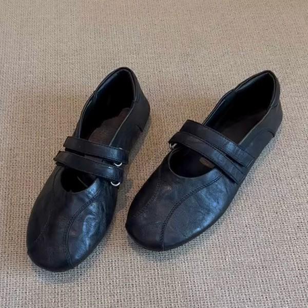 Cowhide Velcro Mary Jane Shoes - Women's Versatile Low-Cut Casual Flats 2025
