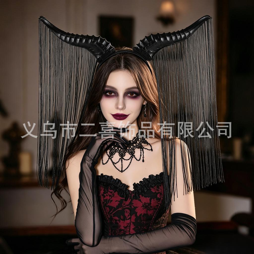 Dark Witch Halloween Demon Dress Up Headband Croissant Tassel Decoration Headband Headband Party Prom Props