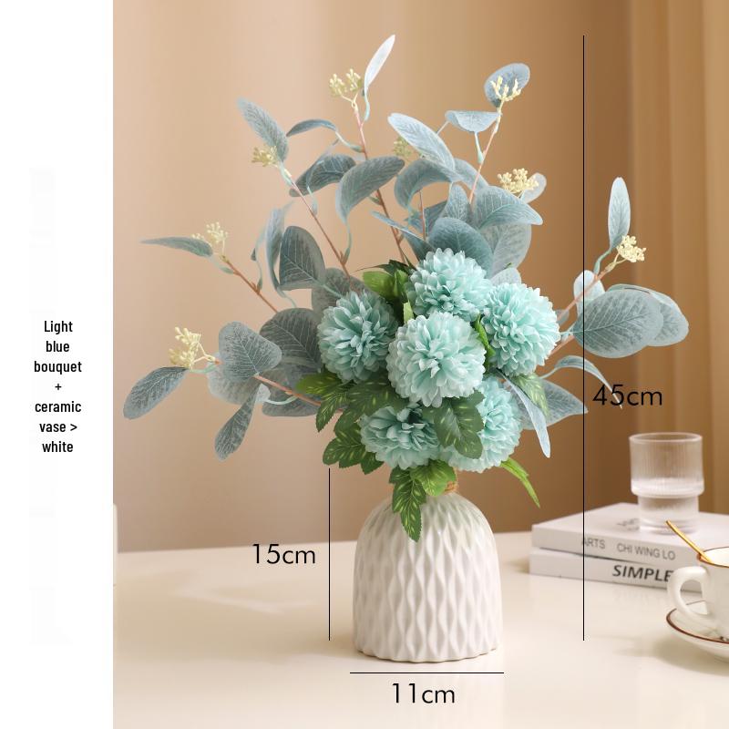 Eucalyptus Ball Chrysanthemum Bouquet in Ceramic Vase - Artificial Dried Flowers for Living Room or Dining Table Decor