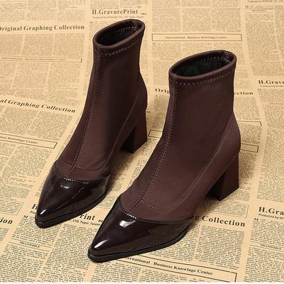 Fashion French Vintage Pointed Toe Short Boots Women High Heel Autumn Winter New Style Splicing Chaussure Thick Heel Elastic Slim Boots