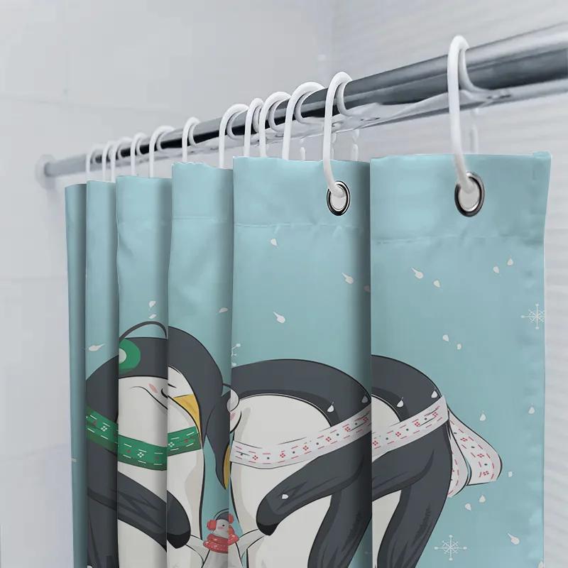 Blauer Duschvorhang mit entzückender Pinguinfamilie für die Winter-Heimdekoration Wasserdichtes Polyestergewebe Perfekte Ergänzung für das Badezimmer