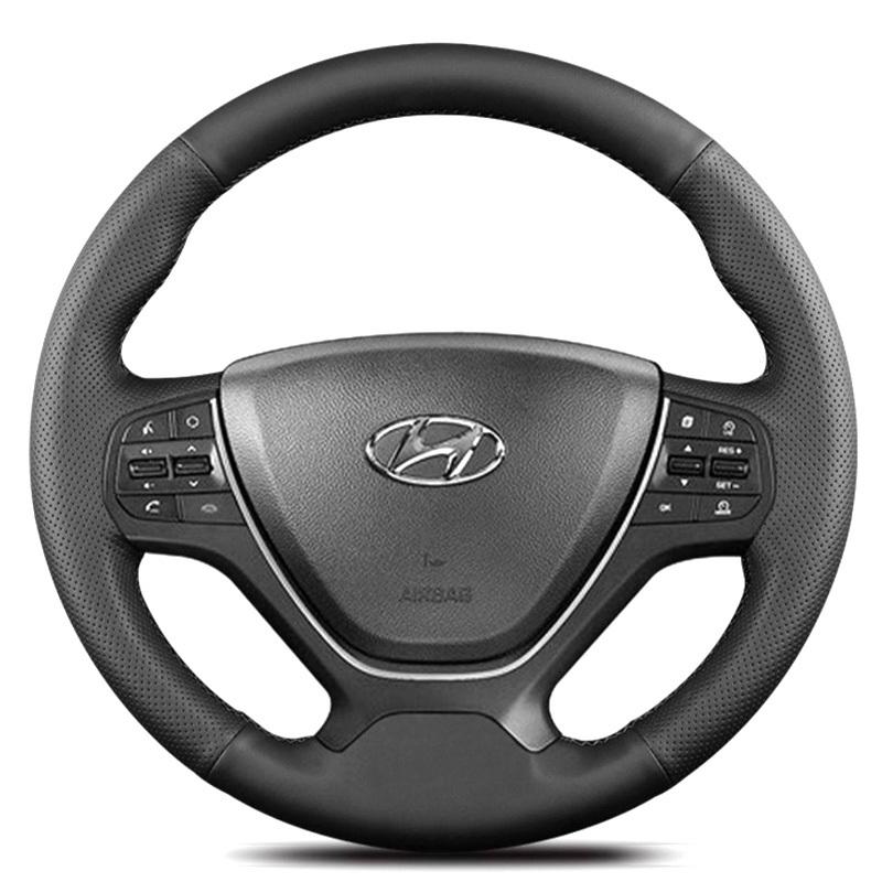 Hand Stitched Non-slip Car Steering Wheel Cover for Hyundai I20 Mk2 2015-2018 DIY Black Perforated Leather Car Interior
