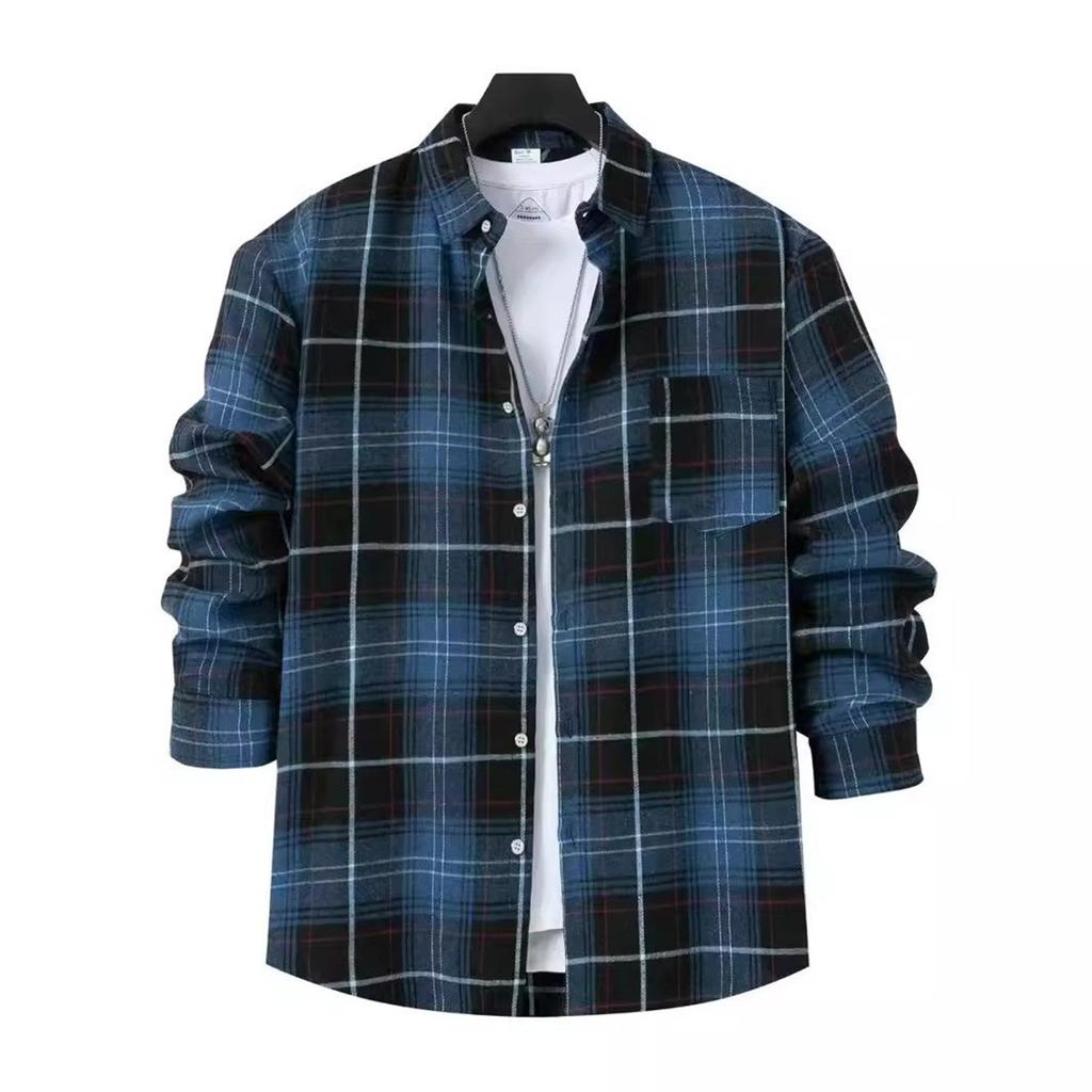 Men's Casual Long Pocket Sleeve Shirt Cardigan With Ground Wool Pinstripe Check