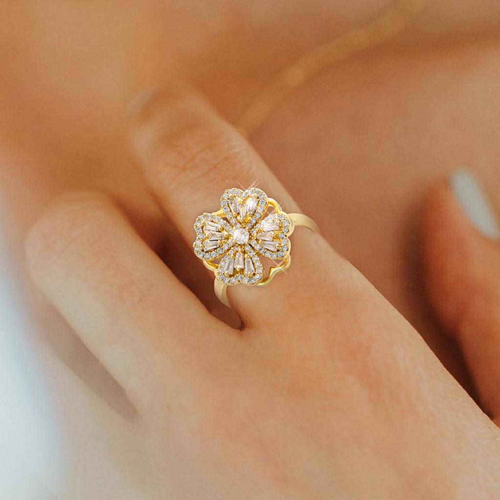 Golden Plated Rotatable Flower Synthetic Cubic Zirconia Ring for Women Luxury Statement Jewelry Gift