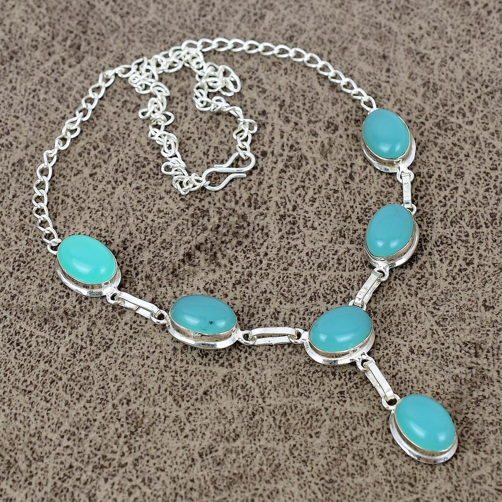 Green Chalcedony Gemstone Handmade 925 Sterling Silver Jewelry Necklace 18" KKG-398