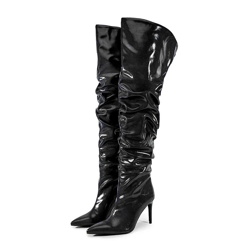 

Fashion Sexy Solid Color Pleated Lazy Style Over The Knee Boots Autumn Winter Fashion Black Silver High-heel Women Long Boots Size 34-45 35