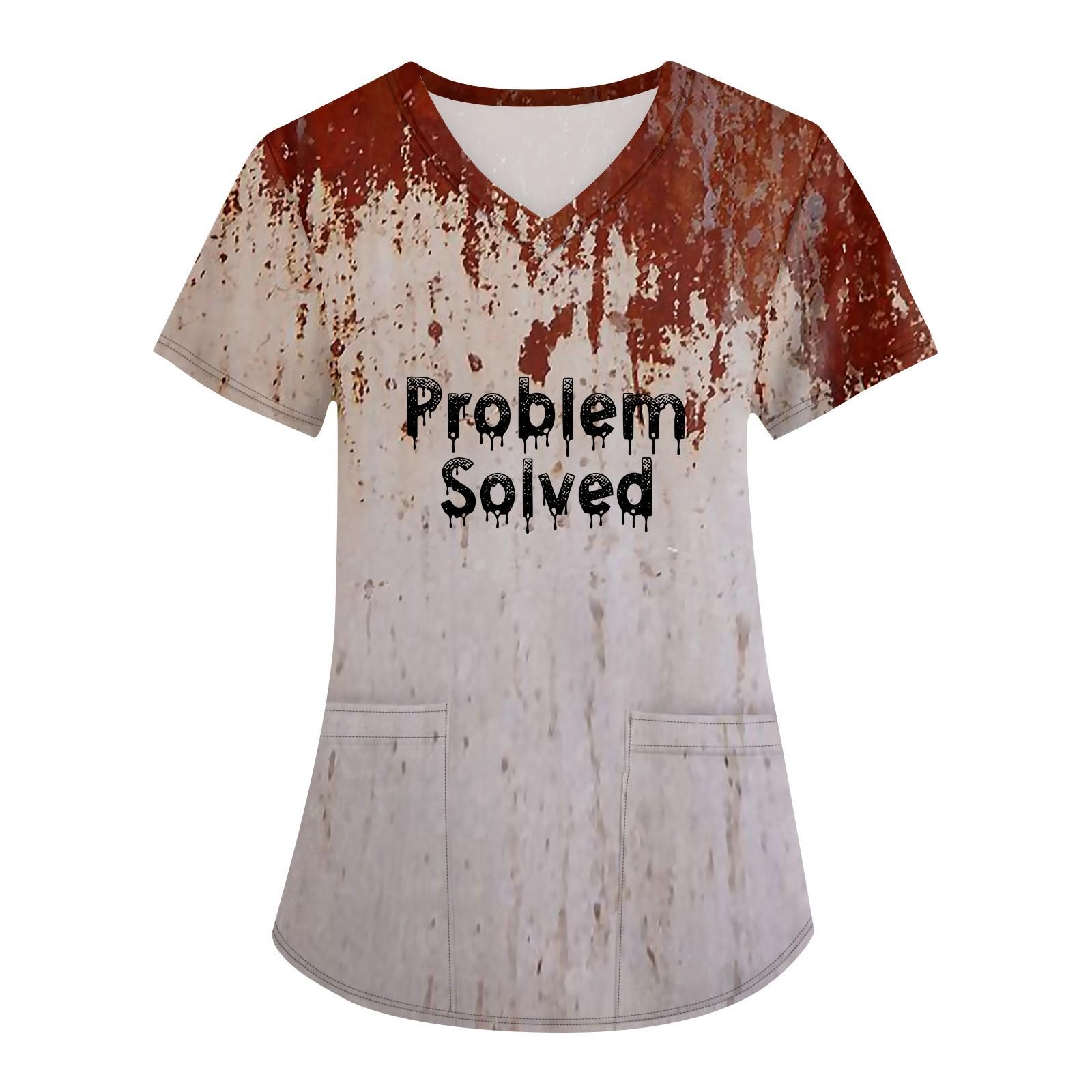 

Плюс размер Печатный скраб Рабочая форма Топы для женщин Крест V-образным вырезом Хэллоуин Принт с короткими рукавами Забавные футболки Спецодежда Футболка с карманами L