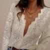 Fashion Lace Shirt for Women Elegant Solid V Neck Long Sleeve Hook Flower Hollow Shirts Tops Lady Holiday Women's Clothing