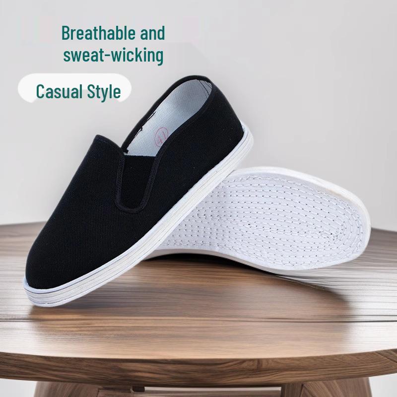 Men's Lightweight Black Cloth Slip-On Shoes with Breathable Hemp Rope Sole