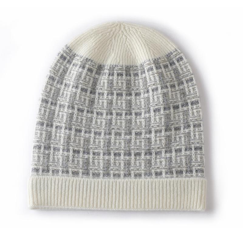Women Colorful Silk Pure Cashmere Knit Beanie Hat Warm Winter Fashion Checkered Pattern Headwear Soft Cozy Casual Cap Dedicate