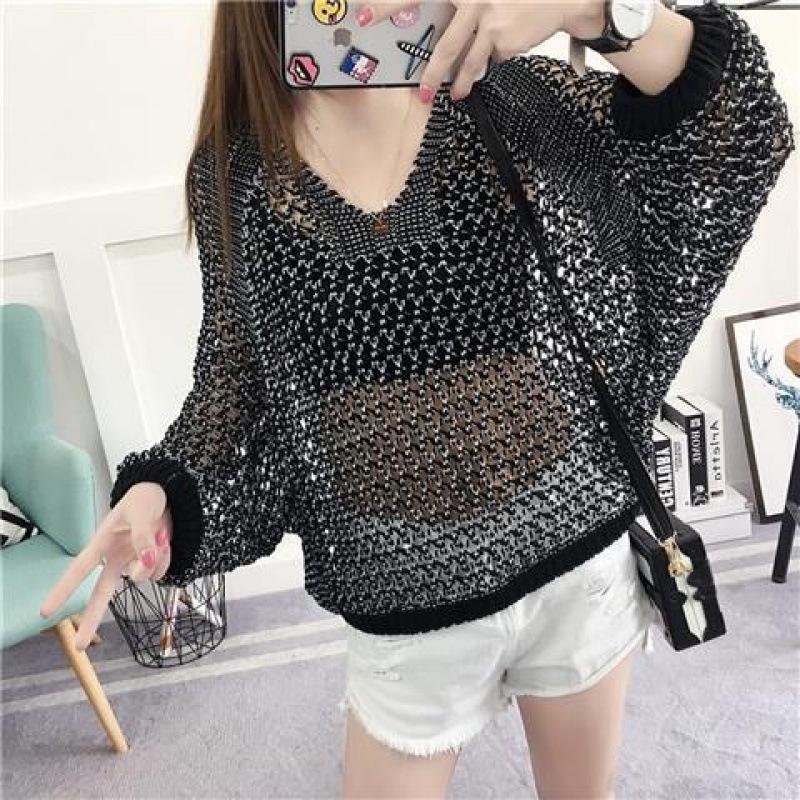 Women s Loose Batwing Sleeve V-Neck Knit Top - Korean Style for Spring/Summer 2XL