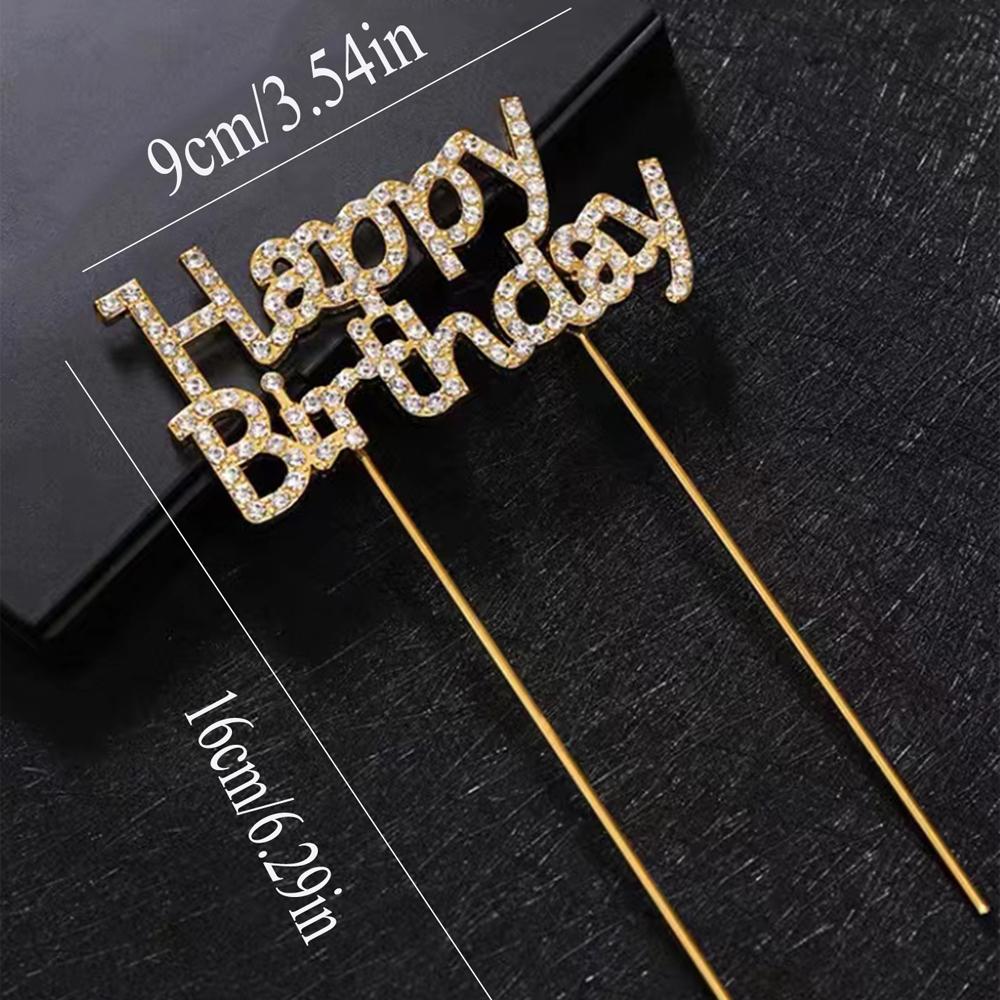 New Alloy Rhinestone Golden Silver Happy Birthday Love Cake Topper for Birthday Wedding Party Cake Decoration Supplies