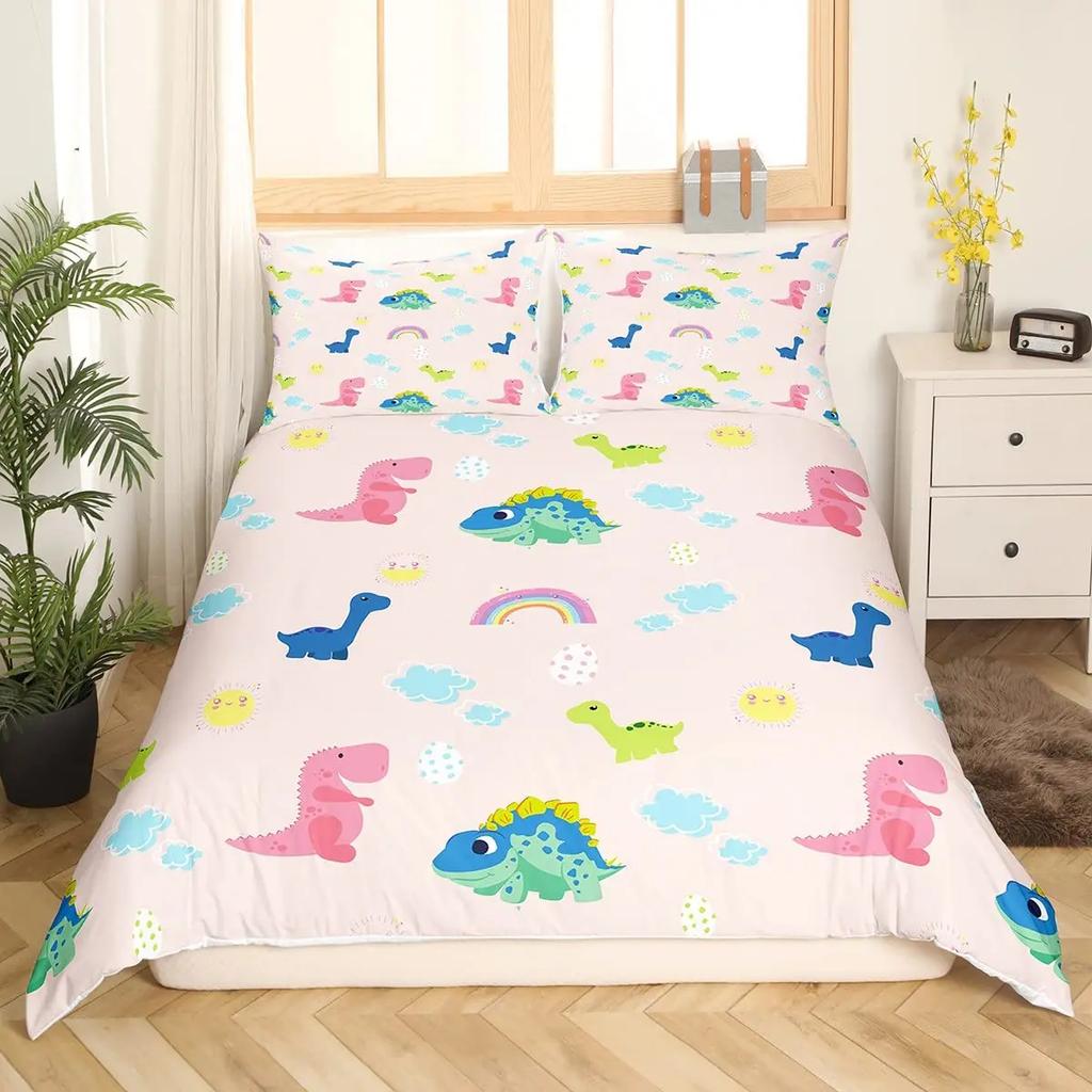 Kawaii Dinosaur Duvet Cover Queen Size For Kids, Cute Colorful Cartoon Soft Comforter Covers With Zipper Closure Bedroom Bedding