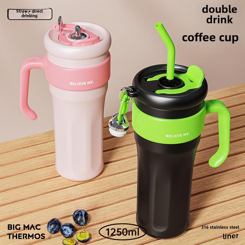 High-Capacity 316 Stainless Steel Thermos Cup with Straw for Outdoor Use