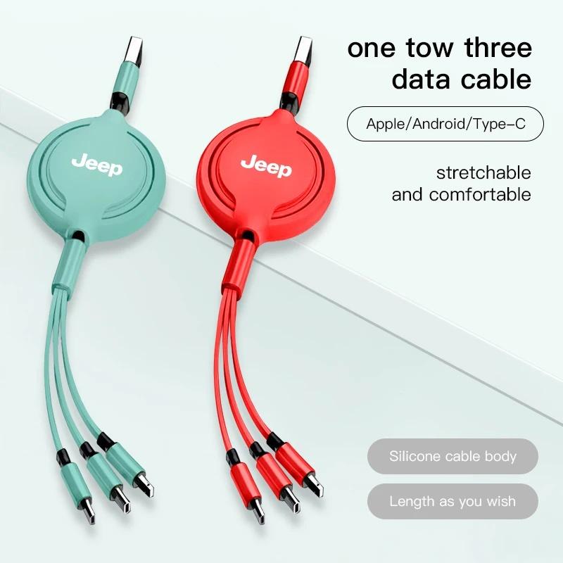 Upgraded 3 in 1 Car Charging Cable for Jeep Gladiator Compass Renegade Retractable Fast Charge Type-C Micro USB Cord Accessories ALP1