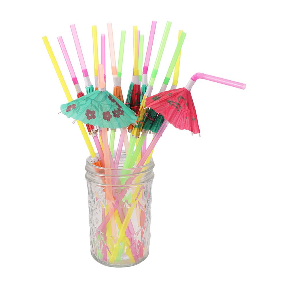 100pcs Household Disposable Umbrella Straws Plastic Mixed Color Hawaiian Party Drink Straws Parasol Drinking Straws Tropical