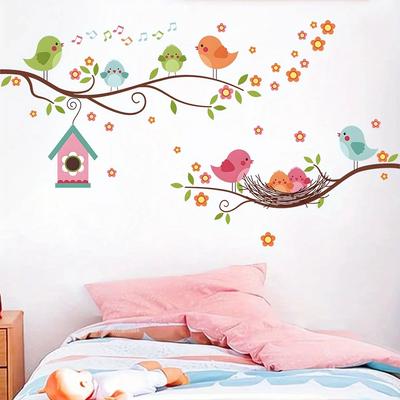 Cartoon Cute Bird Family Branch Flower Animal Wall Stickers Removable for Kid Bedroom Living Room Foyer Decoration Wall Decals