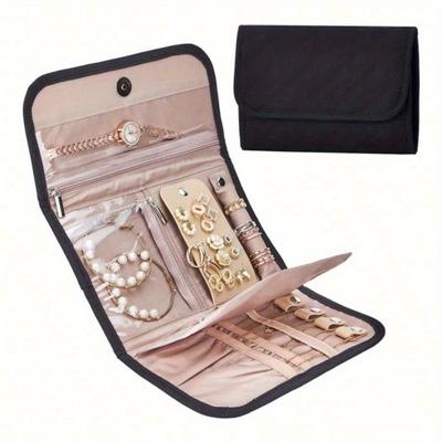 Reise Schmuckkoffer Organizer, Faltbare Aufbewahrungsrolle für Ohrringe, Halsketten, Ringe, Armbänder, Broschen, Schwarz