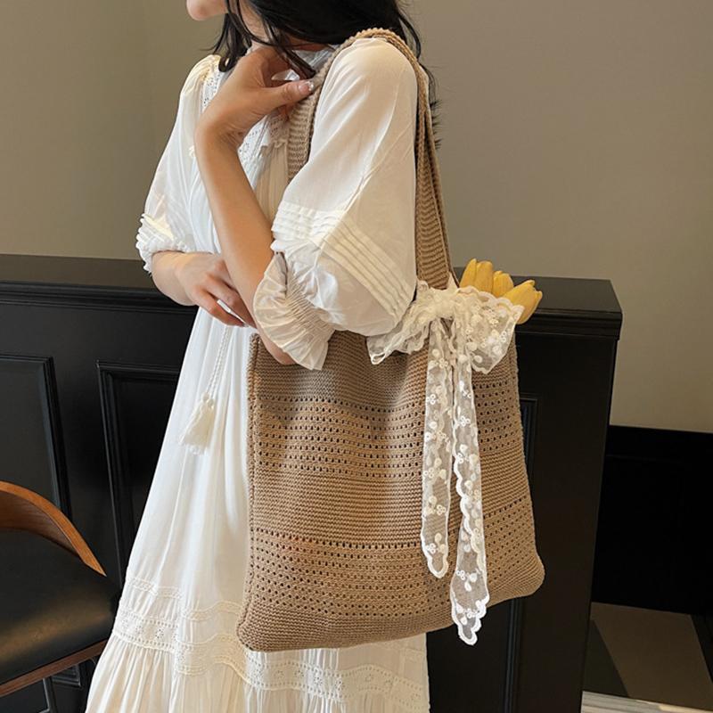 Yogodlns Summer Beach Tote Bag Women New Fashion Hollow Out Weave Shoulder Bags Female Lace Decorate Handbags
