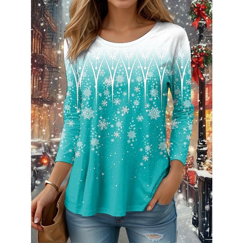 Weihnachten Damen T-Shirt Grafik Schneeflocke Vintage Mode Stilvoll Langarm Rundhals Normal Oberteile Täglich Wochenende Druck Rot Blau