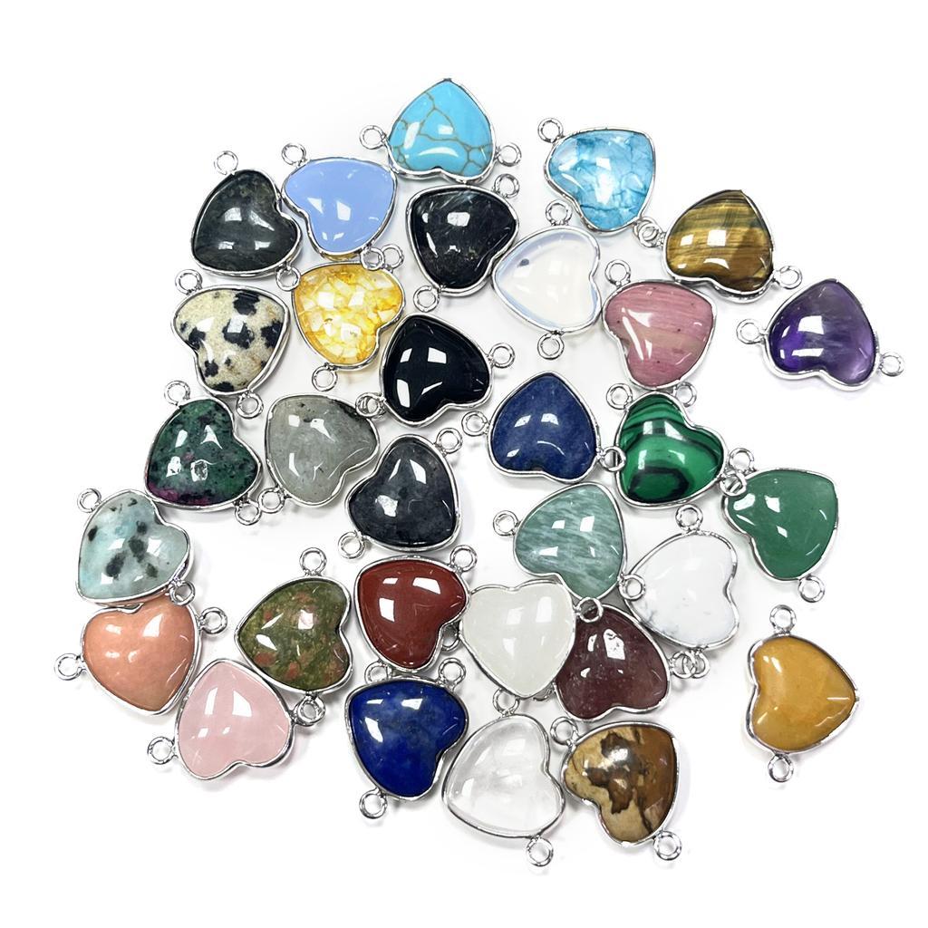 5Pcs/Pack, Healing Crystal Pendant Connectors, Heart-Shaped Natural Stone Quartz Amethyst Malachite Lapis Lazuli Gems Connector for Jewelry Making DIY