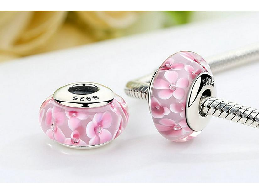 Korean Hot-Selling 925 Sterling Silver Pink Flower Glass Bracelet Beads SCZ008