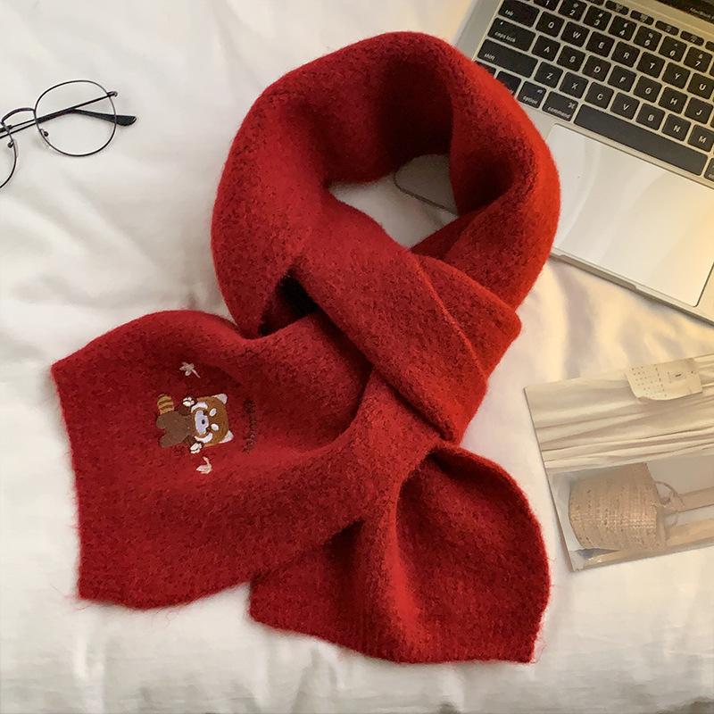 Cute little raccoon embroidered scarf female autumn and winter student couple fashionable versatile warm and cold knitted scarf