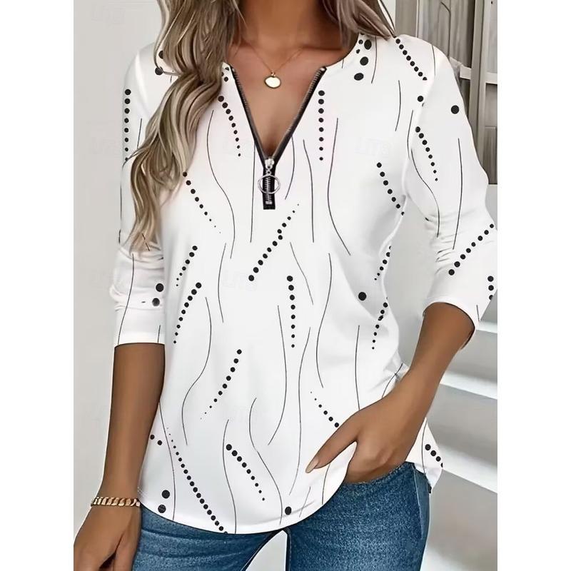 Women s T-Shirt Zipper Print Graphic Geometric Retro Trendy Stylish Long Sleeve Crew Neck V Neck Regular Top 0XL