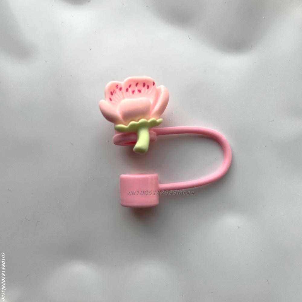 Cherry Flower Silicone Straw Cover For Stanley Cup Cute Silicone Flower Shape Drinking Dust Cap Straw Tips Cover Cup Accessories