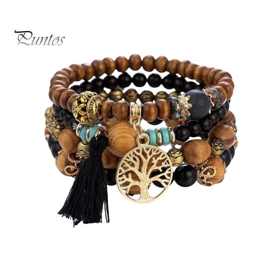 

Набір браслетів із дерев’яними намистинами з пензликами та дерев’яною підвіскою з 4 предметів у ретро-стилі з регульованим еластичним шнуром. Багатоколірний браслет для повсякденного офіційного одягу