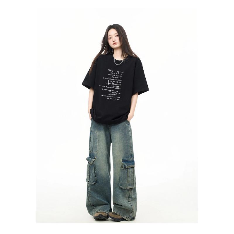 Korean Style Pure Cotton Letter Printed Short-sleeved Women's Summer Loose and Versatile Student Style Trendy Tops and Bottoming Shirts