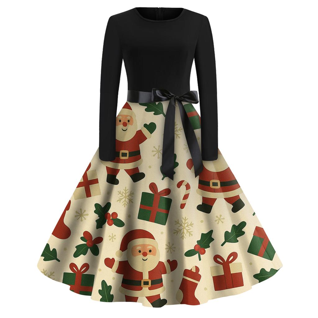 Women's Fashion Round Casual Slim Fit Christmas Print Large Swing Long Sleeve Dress
