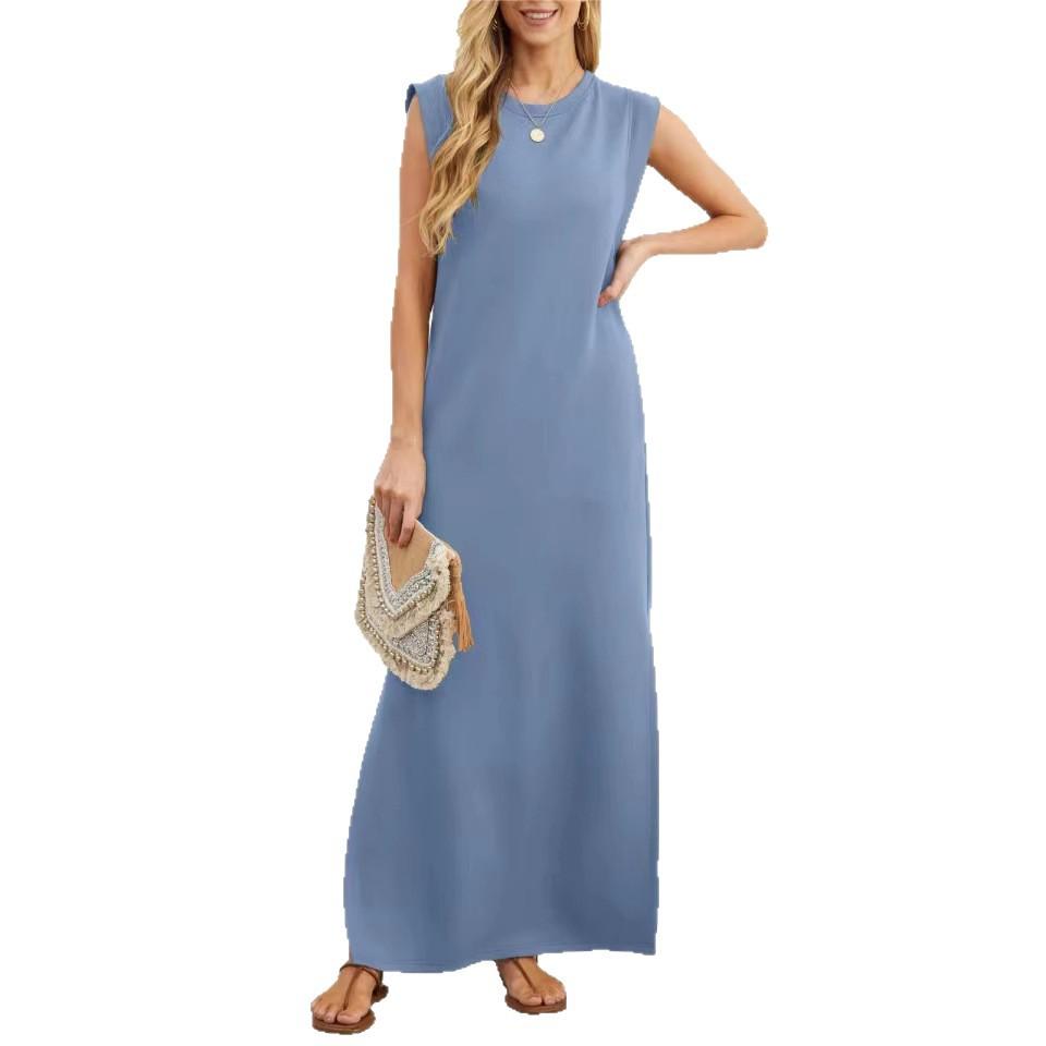 European and American new women's summer casual solid color round neck sleeveless loose long dress