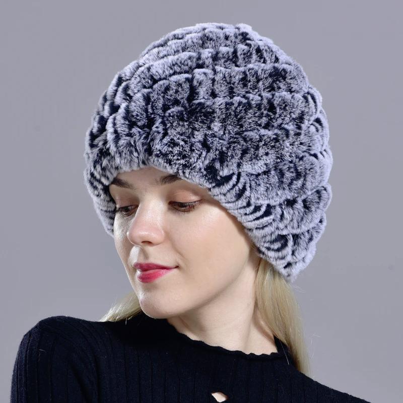 Women's Knitted Rabbit Fur Winter Hat Rex Fur Striped Pineapple Beanie, Soft Fluffy Elastic Cap, Warm Thick Fuzzy Trapper