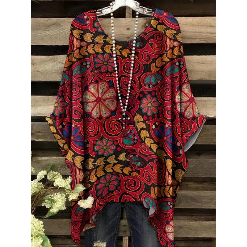 

Large size new retro floral print round neck raglan sleeve women s top casual comfortable loose short sleeve irregular hem women s T-shirt 1XL