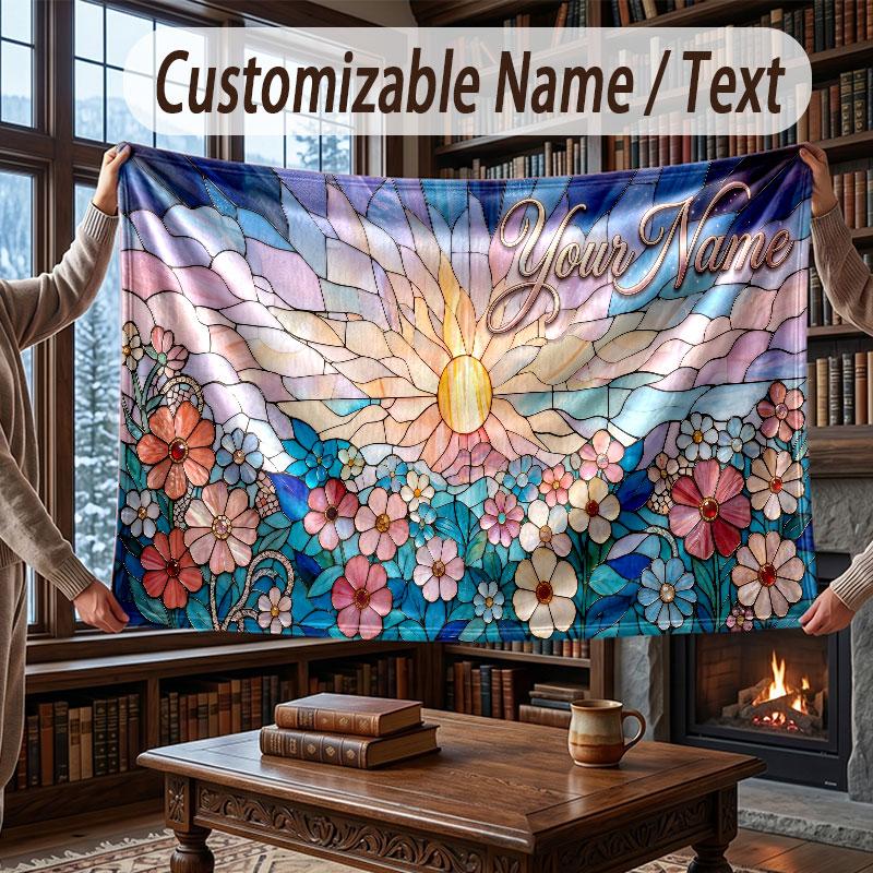 Floral Garden Theme Throw Blanket Custom Name Text Personalized Blanket Soft Cozy Blanket for Home Sofa Bed